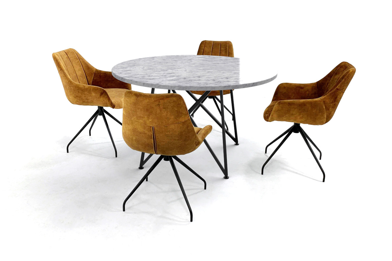 Ronde marmeren tafel met slank design onderstel en velvet stoelen
