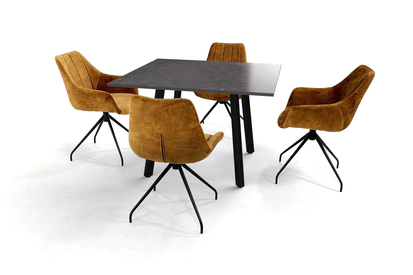 Vierkante eettafel met Dekton blad, Imperia onderstel en velvet stoelen