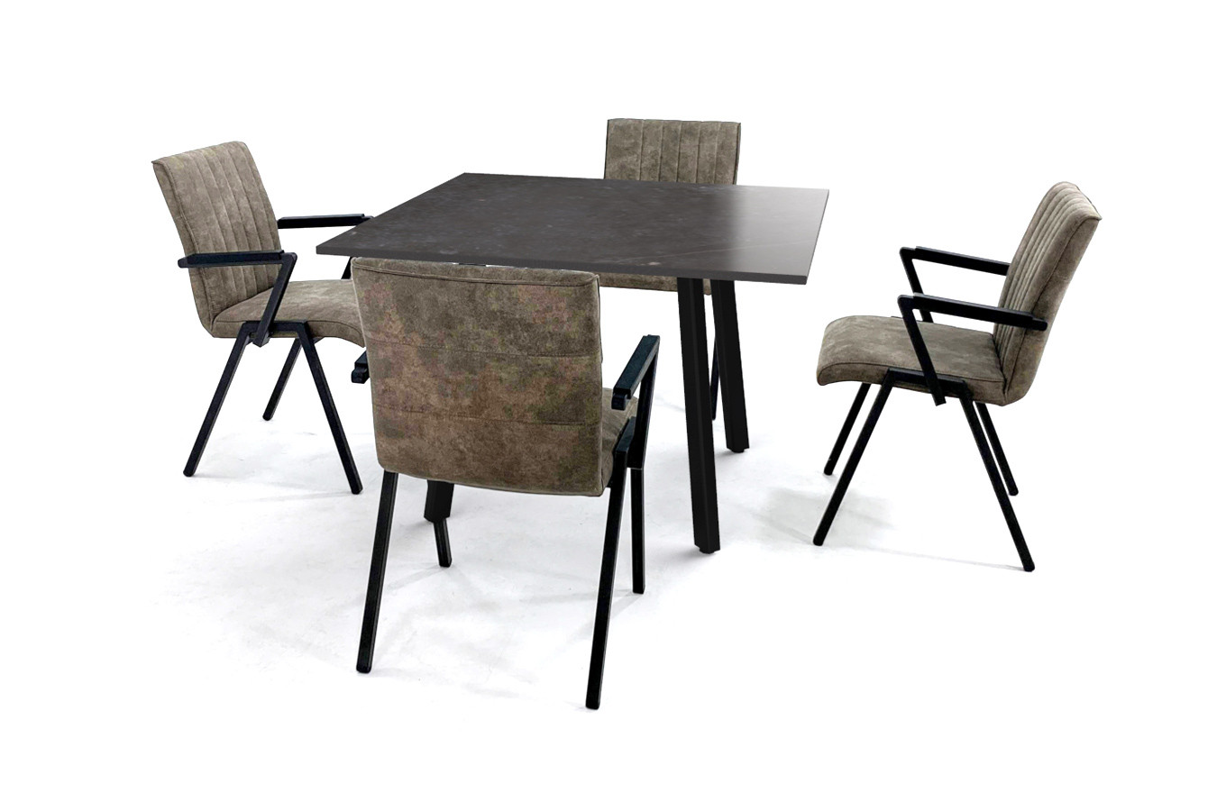 Vierkante eettafel met Dekton Fossil blad en vier Loja stoelen met armleuning