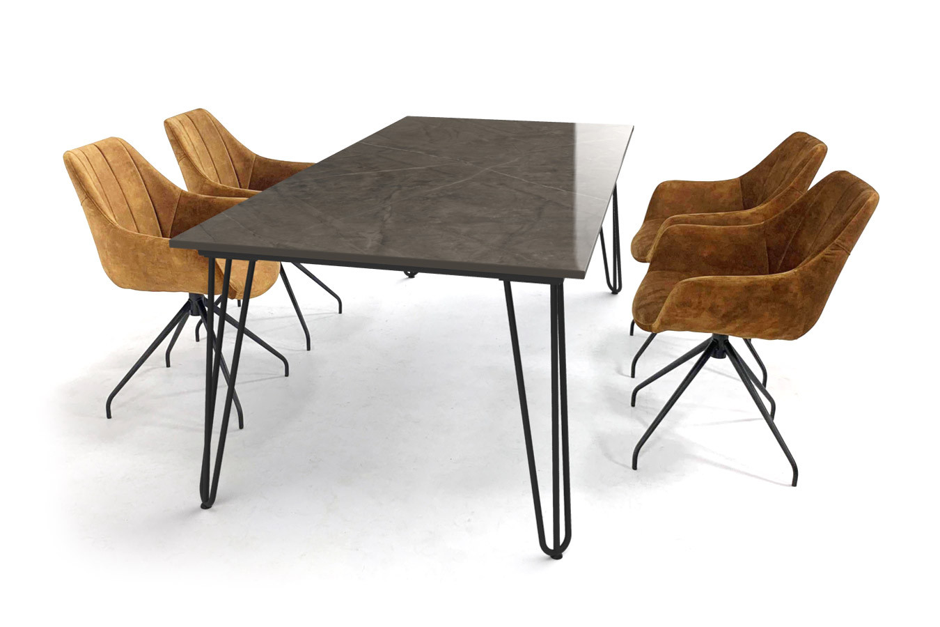 Dekton tafel met Scandinavisch design hairpin tafelonderstel en velvet stoelen